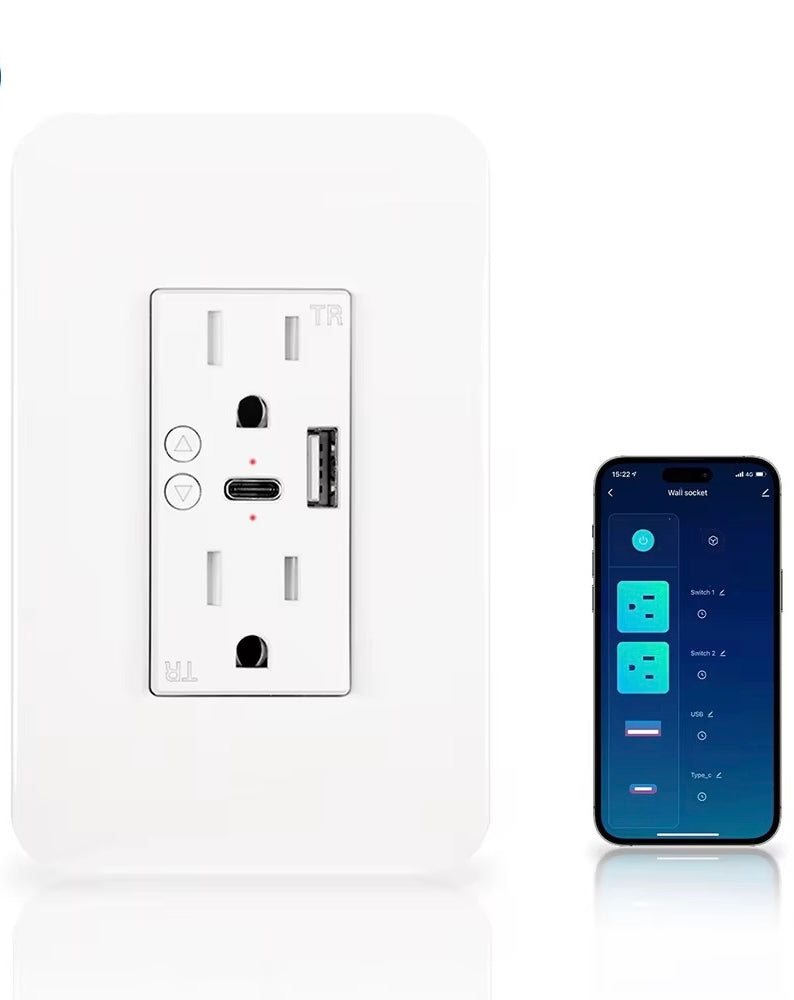 Enchufe de pared inteligente Tuya Smart WiFi de 2 canales, USB y USB TIPO C
