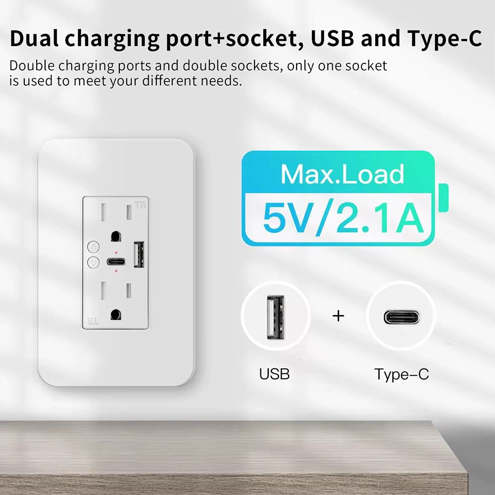 Enchufe de pared inteligente Tuya Smart WiFi de 2 canales, USB y USB TIPO C