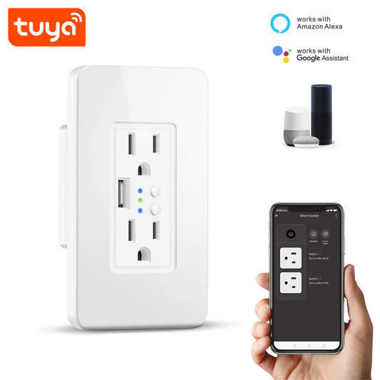 Enchufe de pared inteligente Tuya Smart WiFi de 2 canales y USB